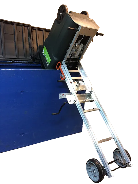 Crank Dump Dolly EZ-Latch manual trash can dumper — EZ Latch for toter-type cans with a metal lifting bar (Model DD102EZ)